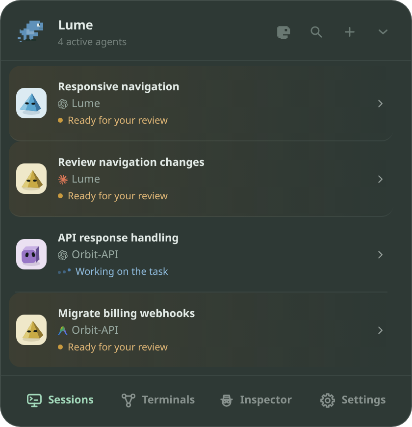 The expanded Lume Orb with the agent list and Sessions, Terminals, Results and Settings navigation