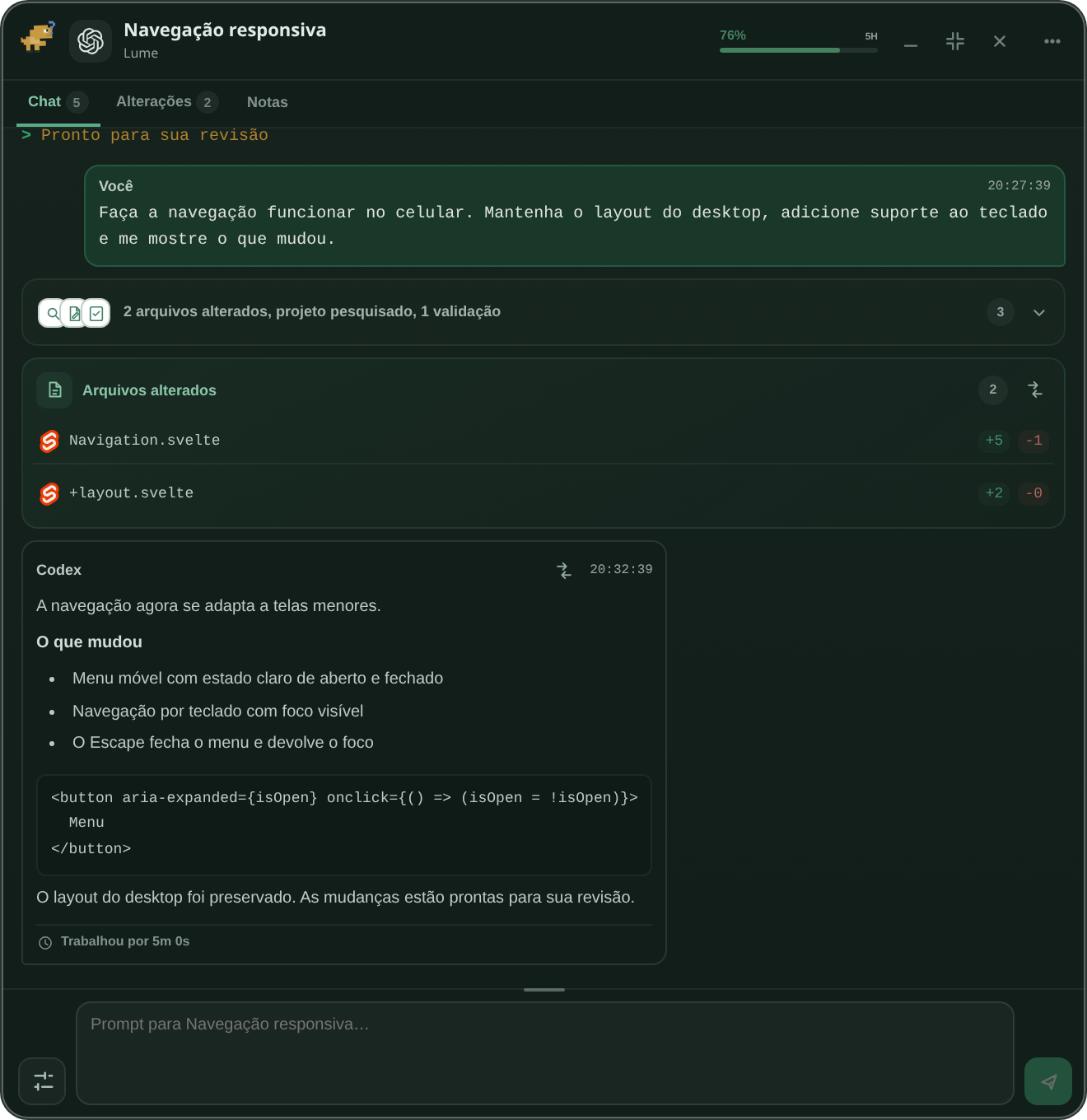 Um terminal flutuante real do Lume mostrando uma conversa com o Codex, o status do agente e o campo de prompt