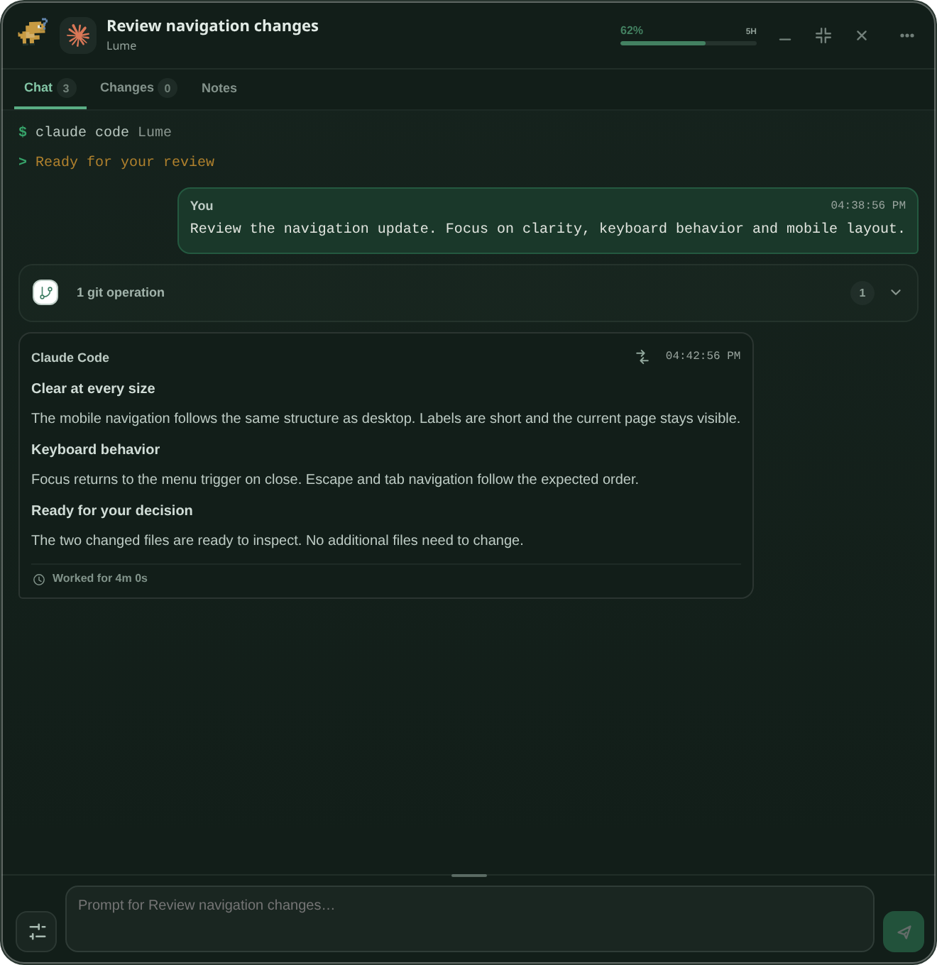 A separate Lume terminal for Claude Code with its own conversation and controls