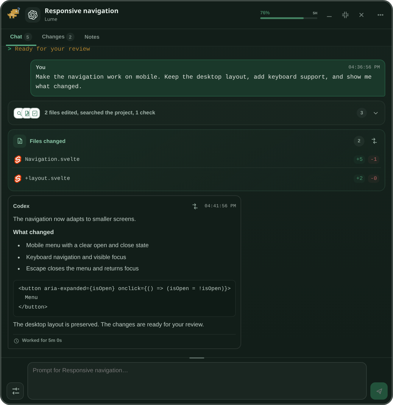 A real Lume floating terminal showing a Codex conversation, agent status and prompt composer