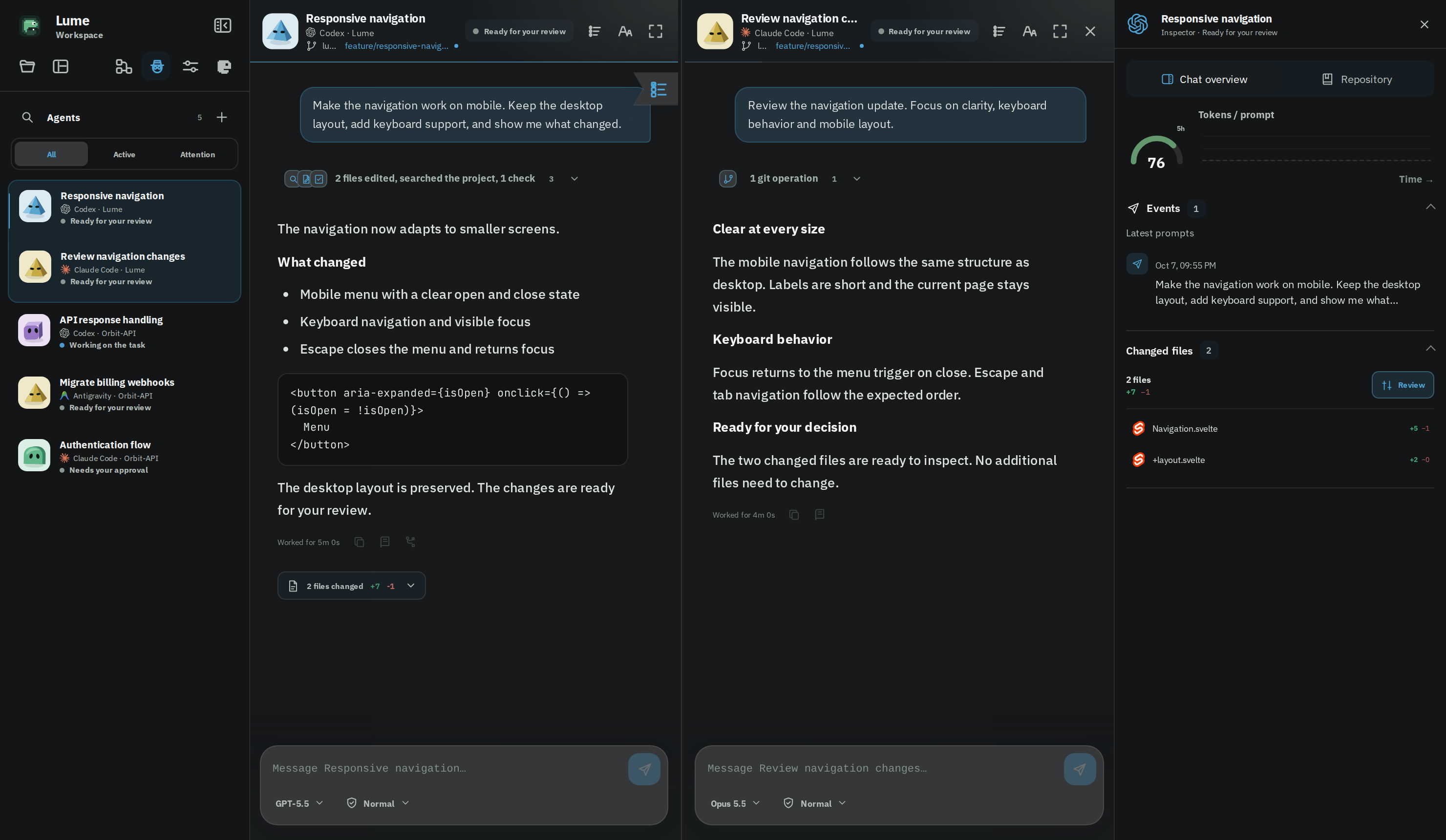 The actual Lume Workspace with its agent sidebar, Codex and Claude Code conversation panes, prompt composers and session inspector
